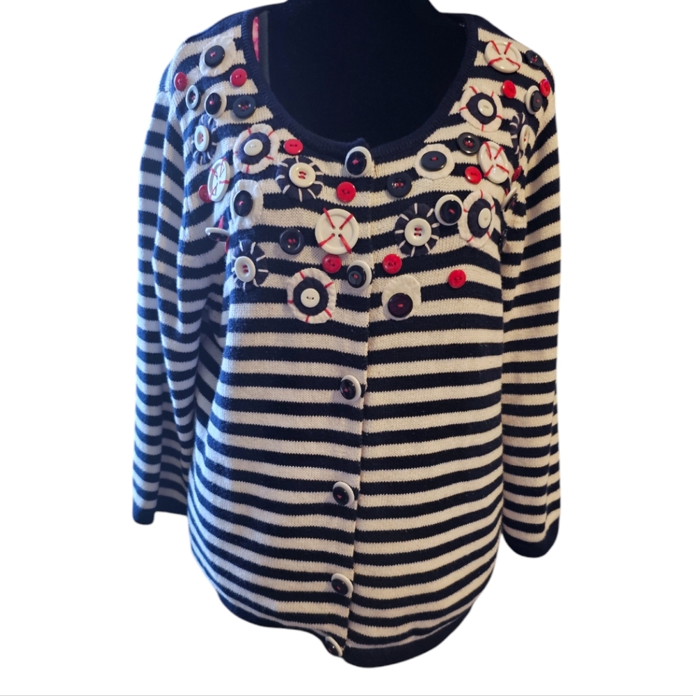 TimberLea Black and White Striped Cardigan Sweater w Button Detail Size Medium